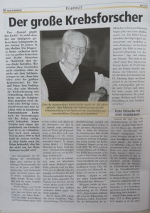Portrait zum 100. Geburtstag einer der großen Krebsforscher, Dr. Rudolf Pekar. Ein erfolgreiches Beispiel ist das erfolgreiches Behandeln von Hautkrebs mit Gleichstrom
